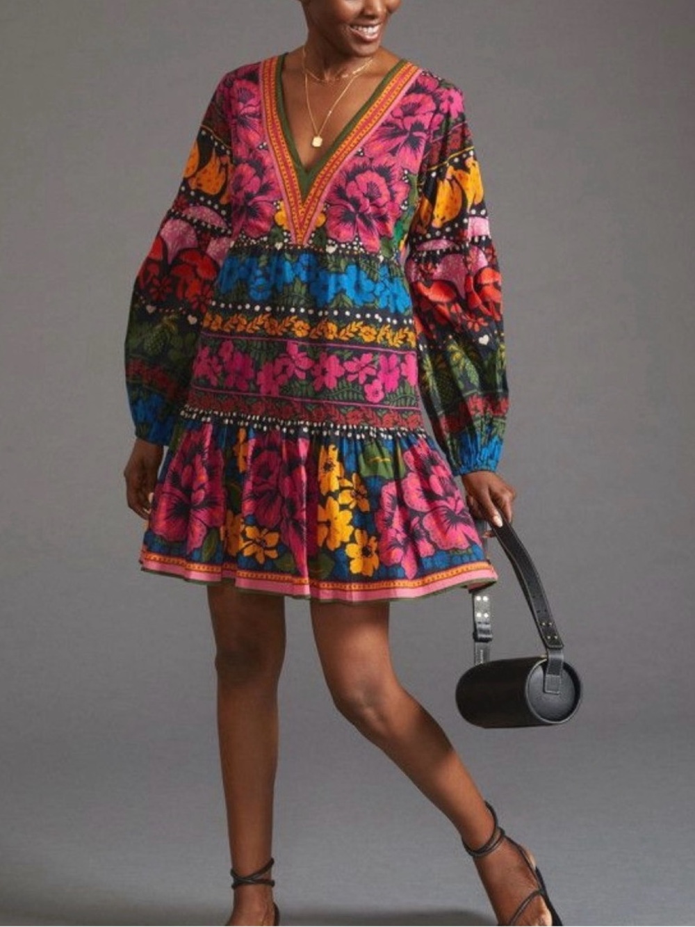 Farm Rio Vibrant Floral Mushroom Garden Mini Dress Ruffled Long Sleeve XS